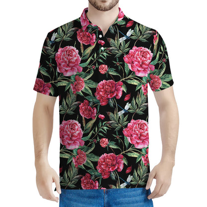 Watercolor Peony Pattern Print Men's Polo Shirt