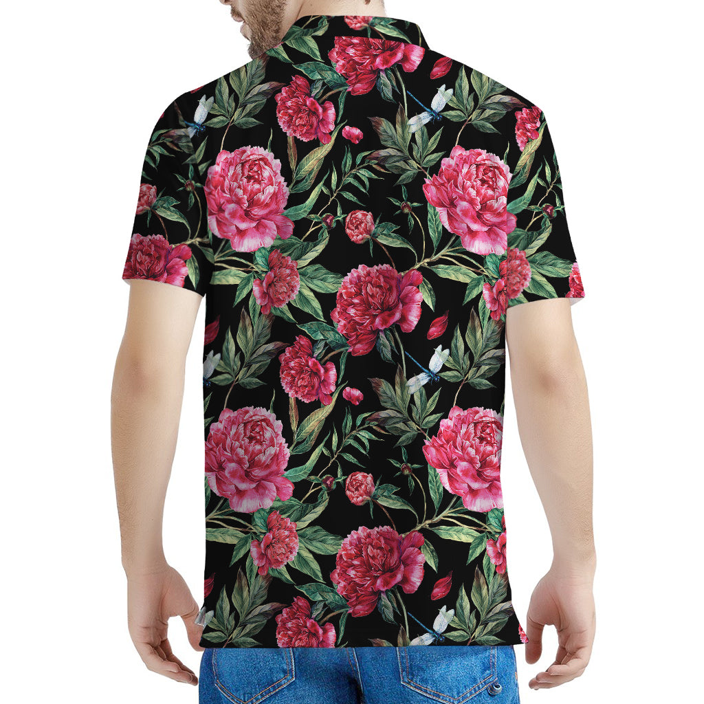 Watercolor Peony Pattern Print Men's Polo Shirt