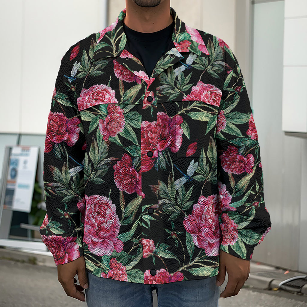 Watercolor Peony Pattern Print Men's Shirt Jacket