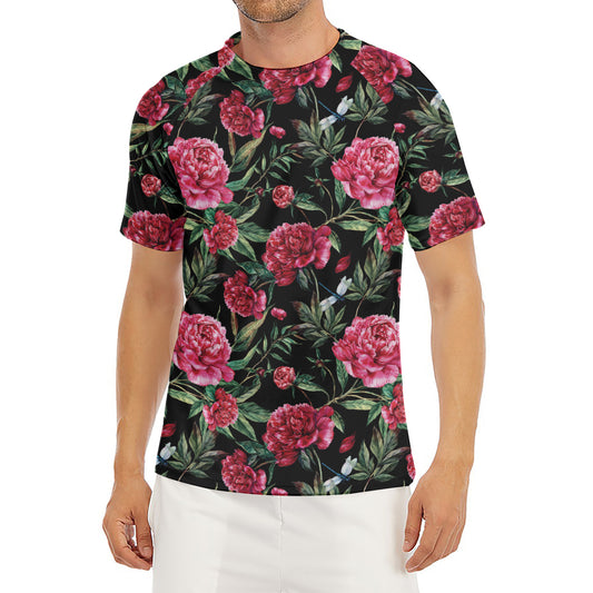Watercolor Peony Pattern Print Men's Short Sleeve Rash Guard