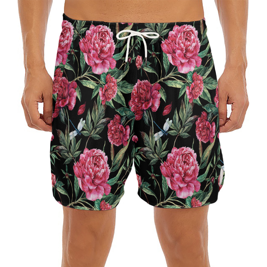 Watercolor Peony Pattern Print Men's Split Running Shorts