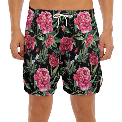 Watercolor Peony Pattern Print Men's Split Running Shorts