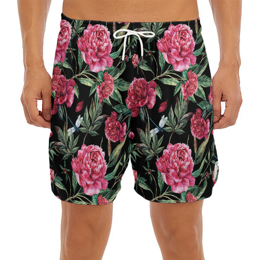 Watercolor Peony Pattern Print Men's Split Running Shorts