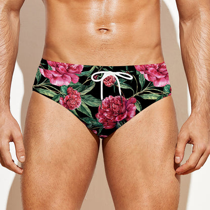 Watercolor Peony Pattern Print Men's Swim Briefs