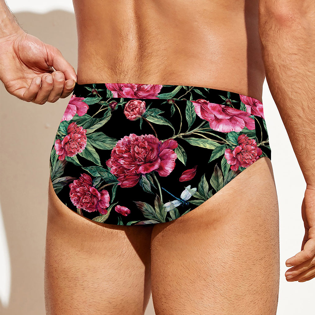 Watercolor Peony Pattern Print Men's Swim Briefs