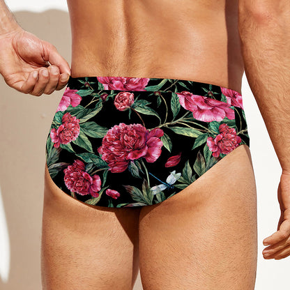 Watercolor Peony Pattern Print Men's Swim Briefs