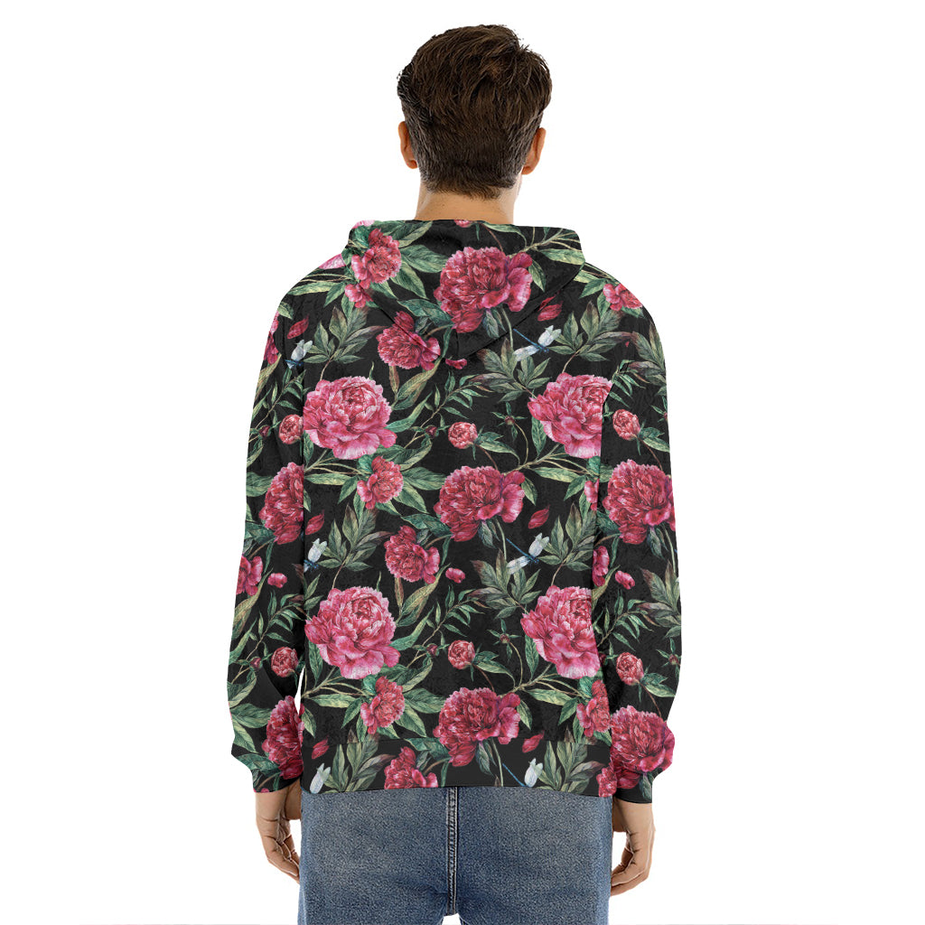 Watercolor Peony Pattern Print Men's Velvet Pullover Hoodie