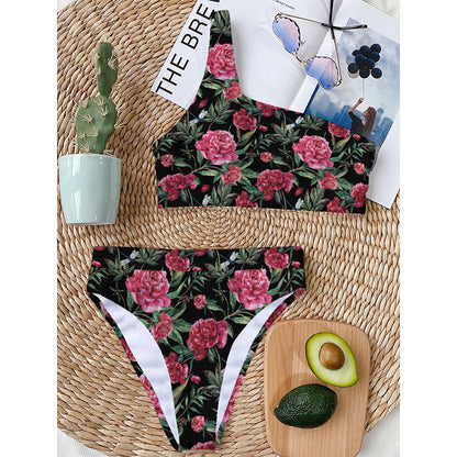 Watercolor Peony Pattern Print One Shoulder Bikini Top