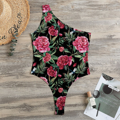 Watercolor Peony Pattern Print One Shoulder Bodysuit