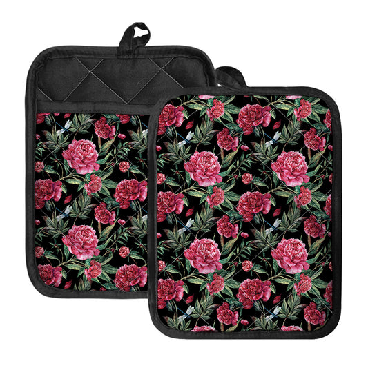 Watercolor Peony Pattern Print Pot Holders With Pocket