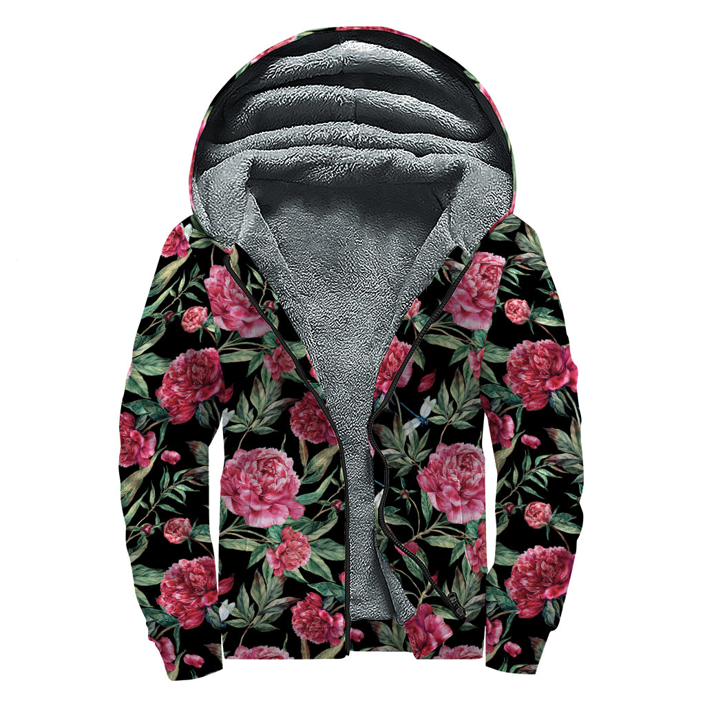 Watercolor Peony Pattern Print Sherpa Lined Zip Up Hoodie