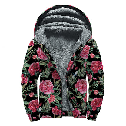 Watercolor Peony Pattern Print Sherpa Lined Zip Up Hoodie