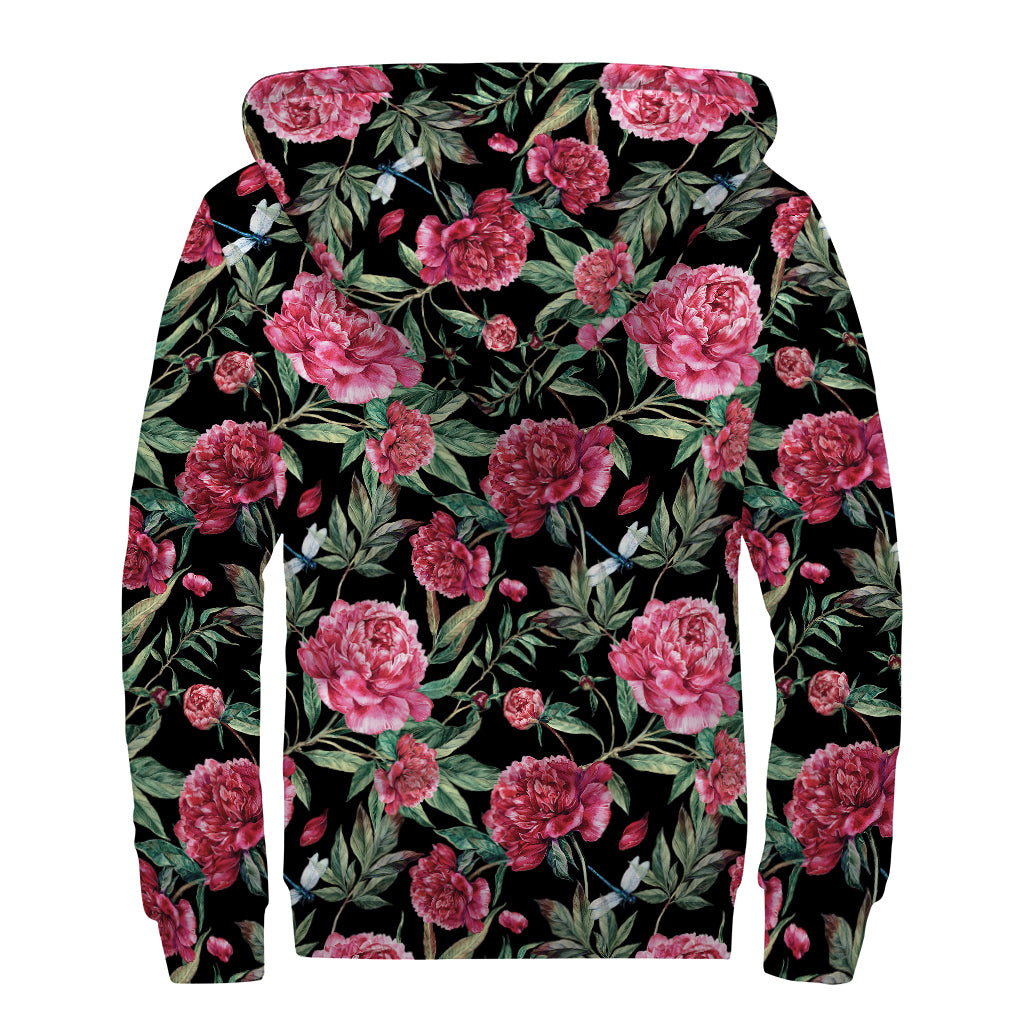Watercolor Peony Pattern Print Sherpa Lined Zip Up Hoodie