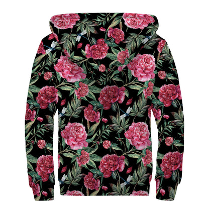 Watercolor Peony Pattern Print Sherpa Lined Zip Up Hoodie