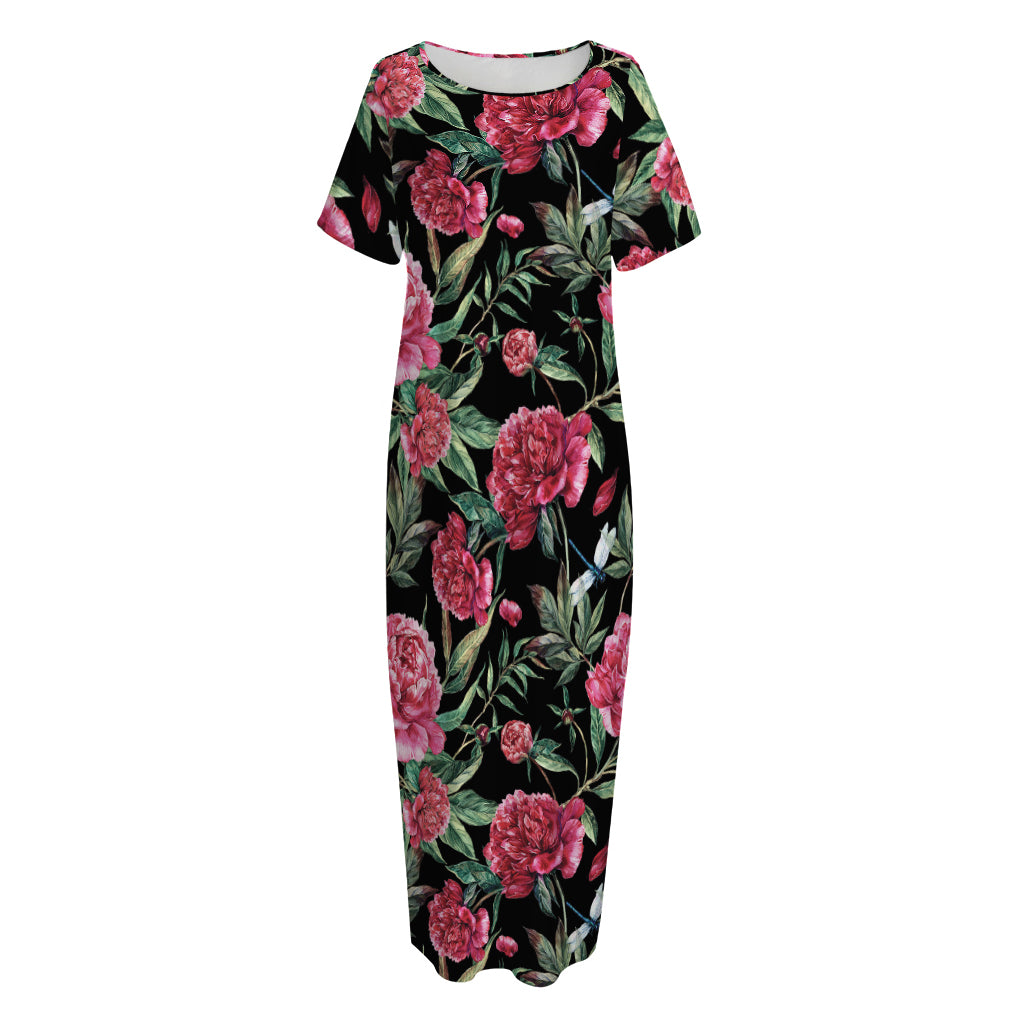 Watercolor Peony Pattern Print Short Sleeve Long Nightdress