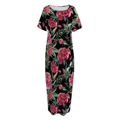 Watercolor Peony Pattern Print Short Sleeve Long Nightdress
