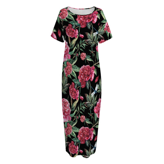Watercolor Peony Pattern Print Short Sleeve Long Nightdress