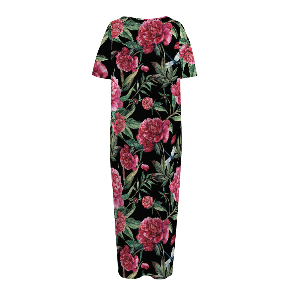Watercolor Peony Pattern Print Short Sleeve Long Nightdress