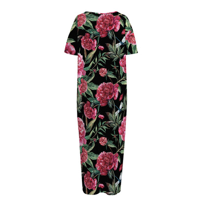Watercolor Peony Pattern Print Short Sleeve Long Nightdress