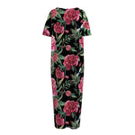 Watercolor Peony Pattern Print Short Sleeve Long Nightdress