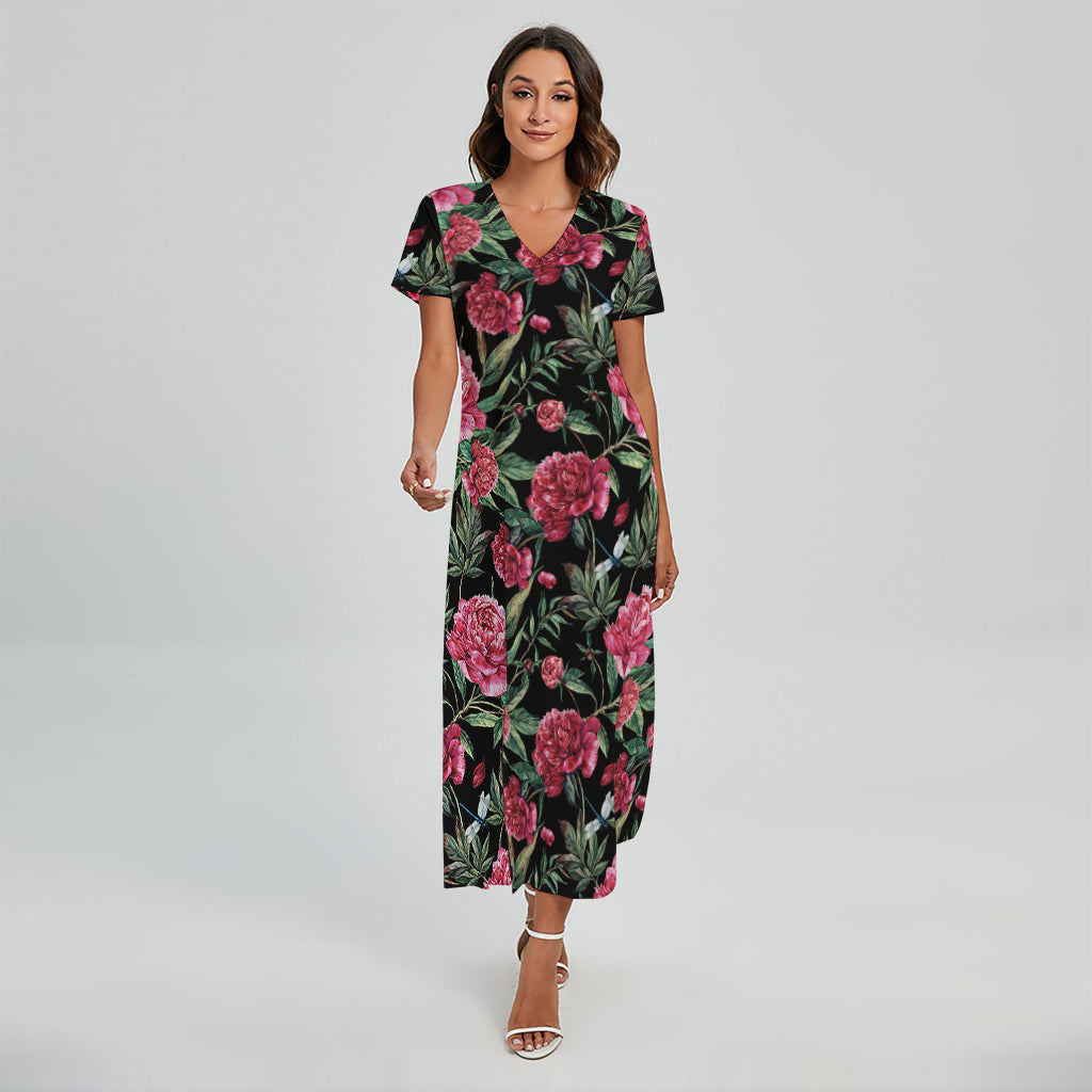 Watercolor Peony Pattern Print Short Sleeve Maxi Dress