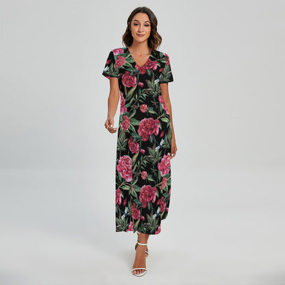Watercolor Peony Pattern Print Short Sleeve Maxi Dress