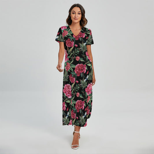 Watercolor Peony Pattern Print Short Sleeve Maxi Dress