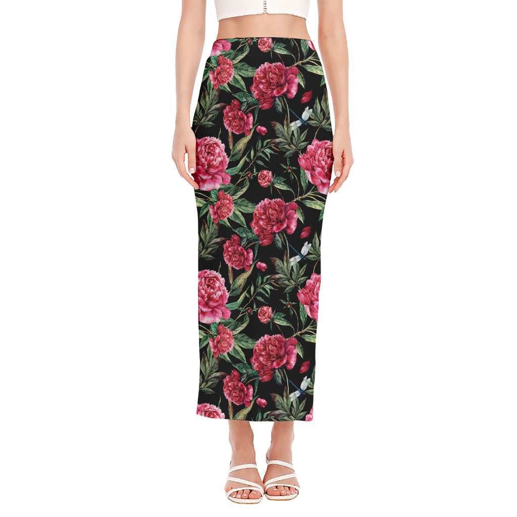 Watercolor Peony Pattern Print Side Slit Maxi Skirt