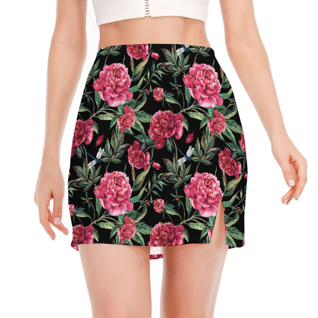Watercolor Peony Pattern Print Side Slit Mini Skirt