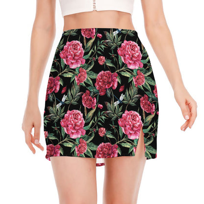 Watercolor Peony Pattern Print Side Slit Mini Skirt