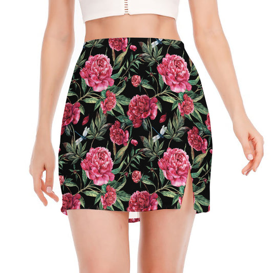 Watercolor Peony Pattern Print Side Slit Mini Skirt