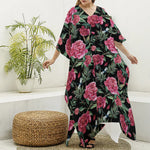 Watercolor Peony Pattern Print Silk V-Neck Kaftan Dress