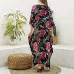 Watercolor Peony Pattern Print Silk V-Neck Kaftan Dress