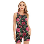 Watercolor Peony Pattern Print Sleeveless One Piece Swimsuit