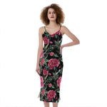 Watercolor Peony Pattern Print Slim Fit Midi Cami Dress