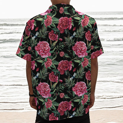 Watercolor Peony Pattern Print Textured Short Sleeve Shirt