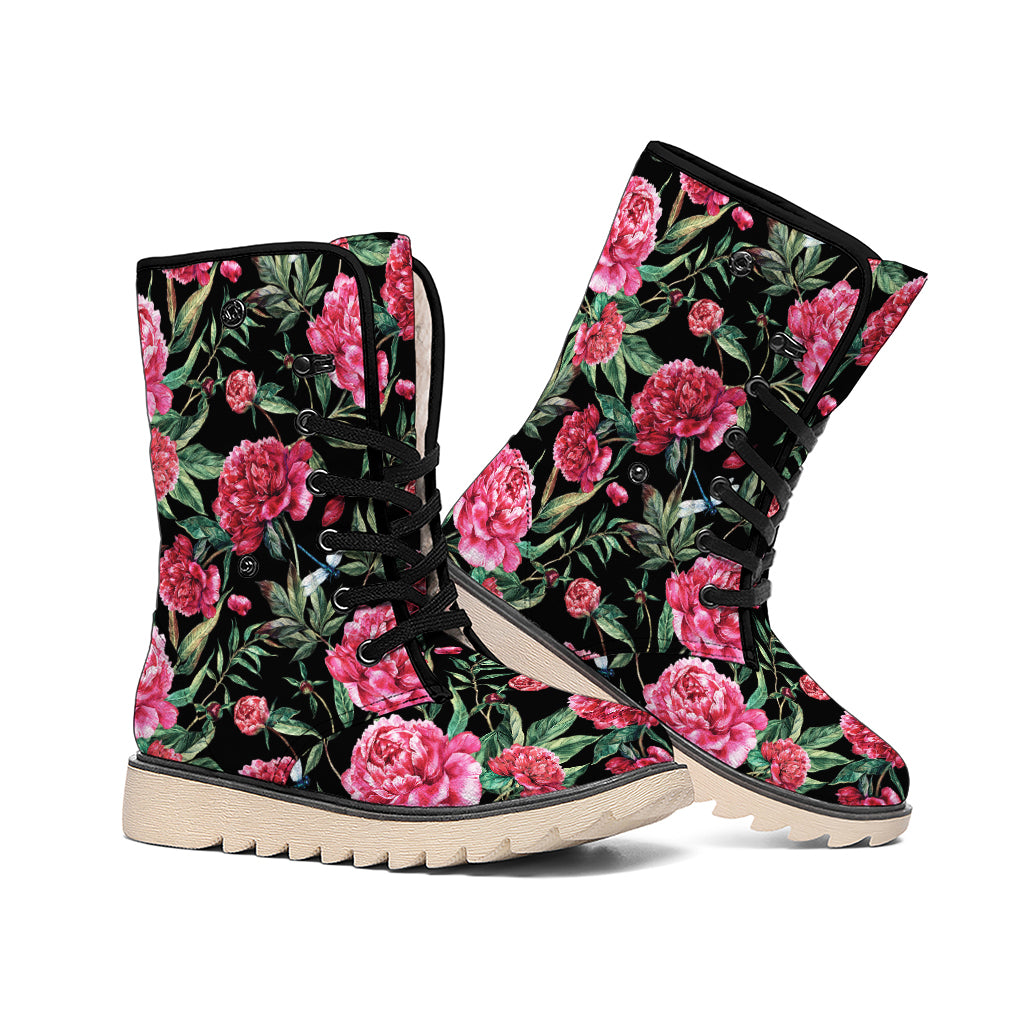 Watercolor Peony Pattern Print Winter Boots