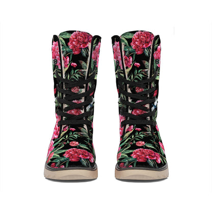 Watercolor Peony Pattern Print Winter Boots