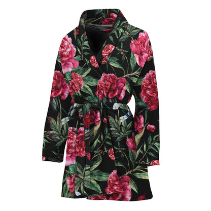 Watercolor Peony Pattern Print Women's Bathrobe