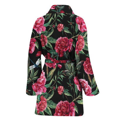 Watercolor Peony Pattern Print Women's Bathrobe