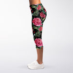 Watercolor Peony Pattern Print Women's Capri Leggings