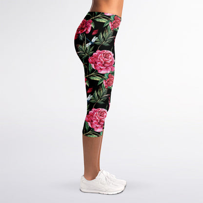 Watercolor Peony Pattern Print Women's Capri Leggings