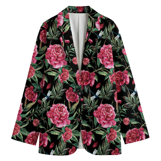 Watercolor Peony Pattern Print Women's Cotton Blazer