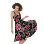 Watercolor Peony Pattern Print Women's Sleeveless Dress