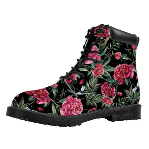 Watercolor Peony Pattern Print Work Boots
