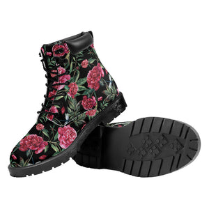 Watercolor Peony Pattern Print Work Boots