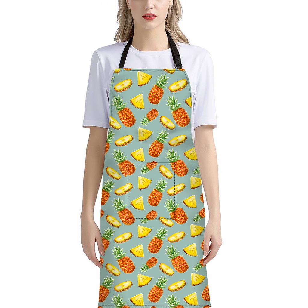 Watercolor Pineapple Pattern Print Bib Apron With Pocket