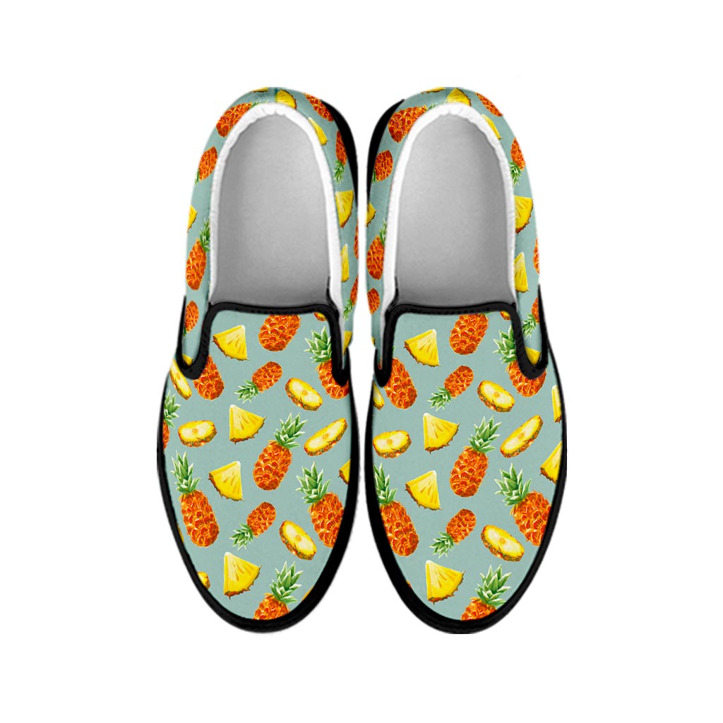 Watercolor Pineapple Pattern Print Black Slip On Sneakers