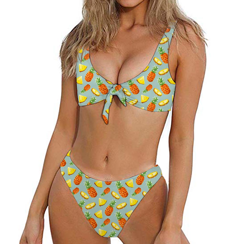 Watercolor Pineapple Pattern Print Front Bow Tie Bikini