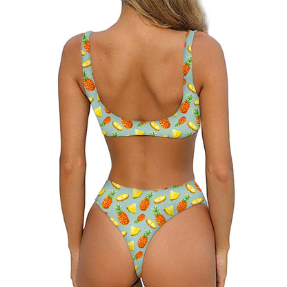 Watercolor Pineapple Pattern Print Front Bow Tie Bikini
